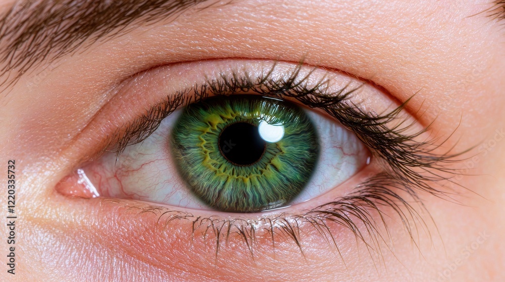 Fototapeta premium iris patterns eye striking close-up green concept. Close-up of a green eye with detailed iris and eyelashes.