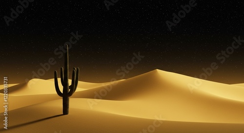 A minimalist depiction of a desert under the stars featuring a single cactus silhouette and soft glowing dunes photo