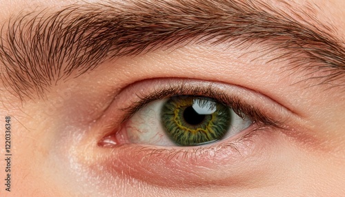 iris patterns eye striking close-up green  concept. Close-up of a green eye with defined eyelashes and eyebrows. photo