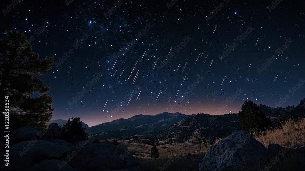 Naklejka premium A cinematic still of a starry sky with meteors streaking across it, creating an atmosphere. The dark night sky is filled with bright stars and glowing comets.