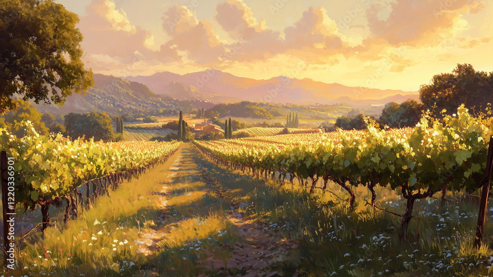 Naklejka premium Sunlit Vineyard Landscape at Sunset