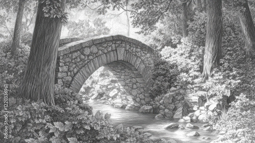 A pencil drawing of an old stone bridge over a gentle stream photo