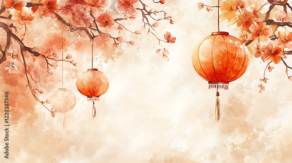 Obraz premium Chinese New Year invitation design with abstract watercolor brush strokes, floral motifs, and lanterns