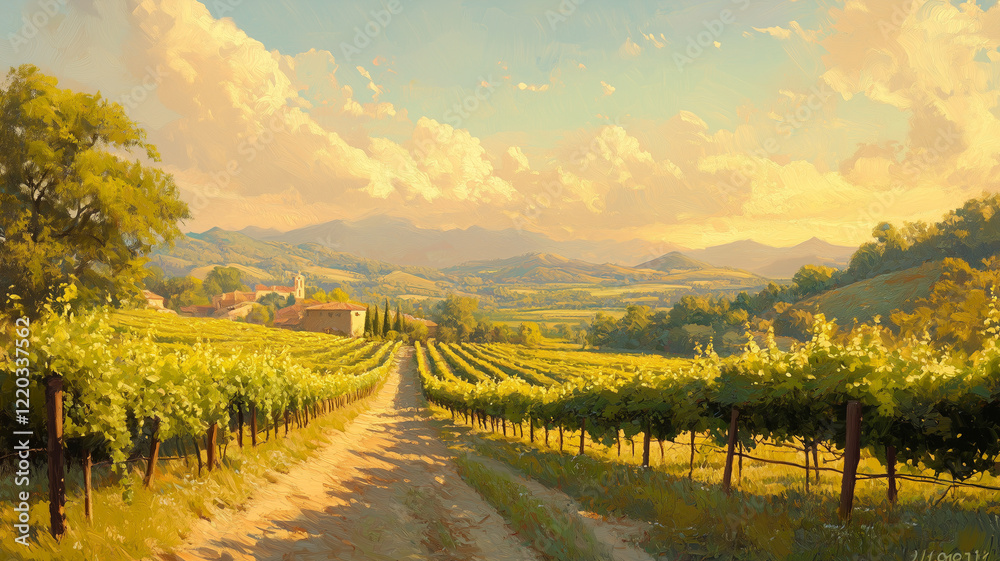 Naklejka premium Serene Vineyard Landscape at Sunset with Rolling Hills