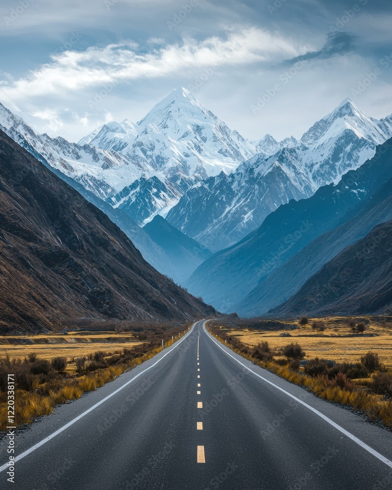 Naklejka premium Scenic road through majestic mountains. AI.