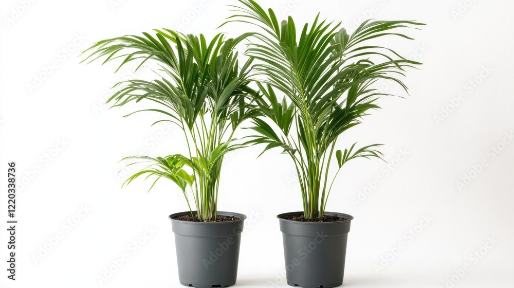 Fototapeta premium Two potted Chamaedorea elegans palm plants, one larger, one smaller, against a white background.