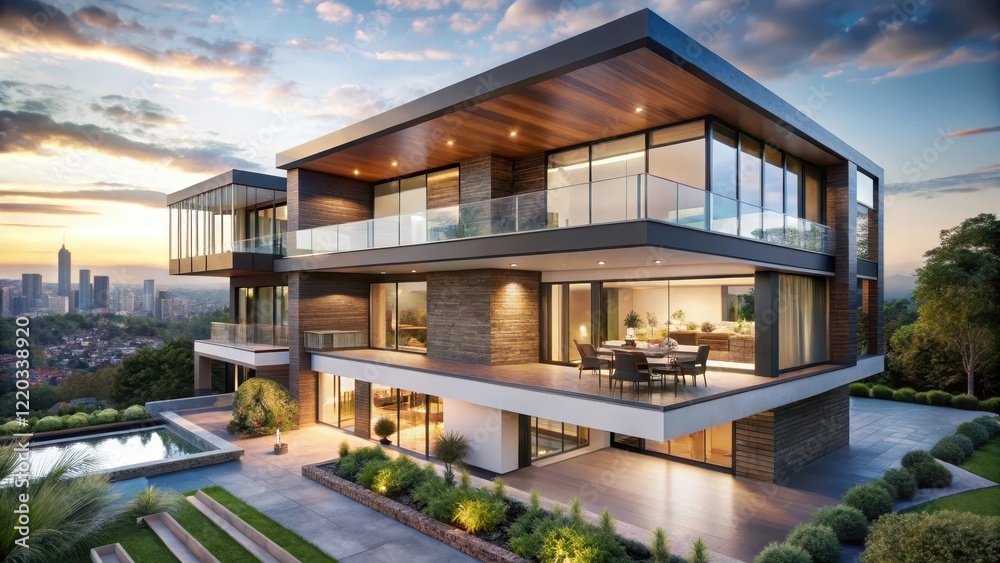 Fototapeta premium Modern Luxury Home with City View, premium materials, panorama, premium materials