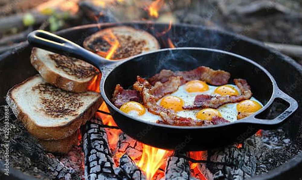 Campfire Cooking: Delicious Bacon and Eggs with Toasted Bread, Cooked Outdoors with Campfire Flames Campfire Cooking: Delicious Bacon and Eggs with Toasted Bread, Cooked Outdoors with Campfire Flames
