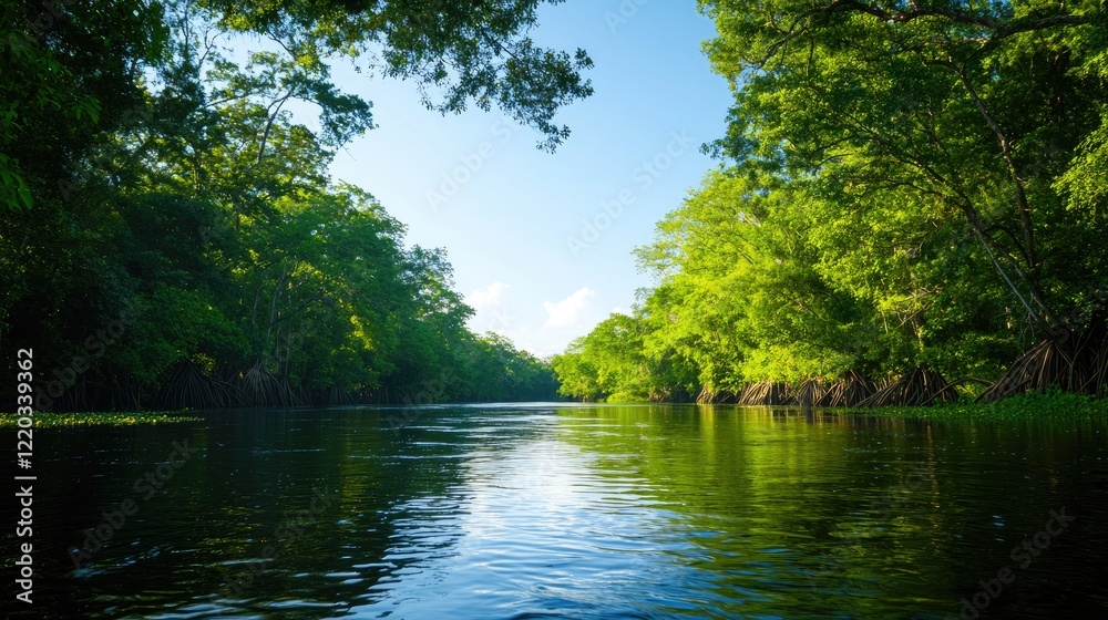 Serene River Surrounded by Lush Green Forest Under Clear Blue Sky Serene River Surrounded by Lush Green Forest Under Clear Blue Sky