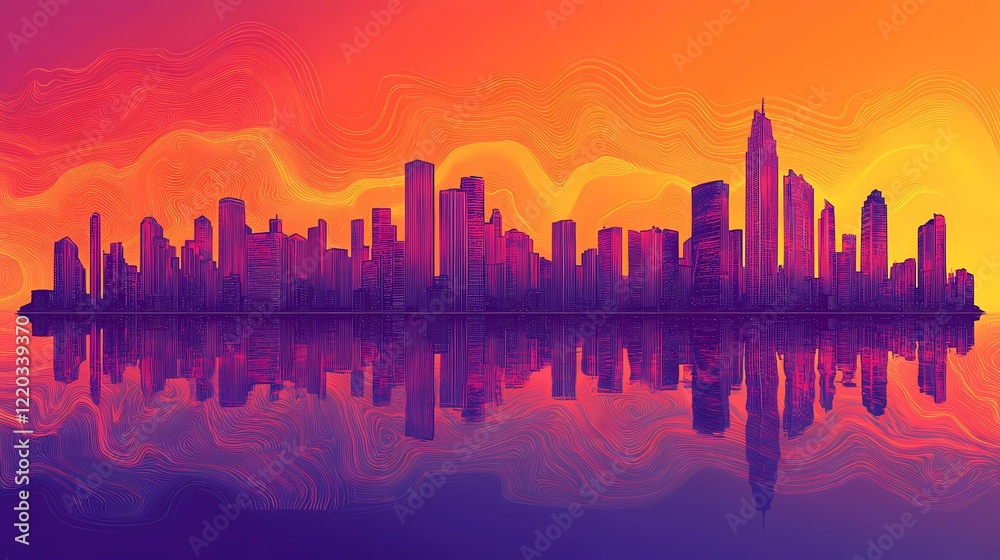 Fototapeta premium Retro futuristic background showcasing a digital grid and glowing horizon, designed in a timeless comic book illustration style