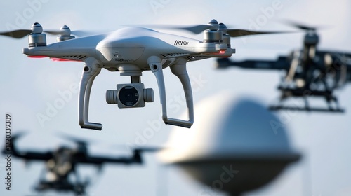 Multiple drones in flight showing different shapes and sizes, one main drone in focus photo