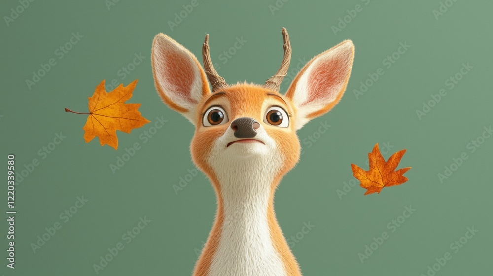 Adorable fawn looking up at falling leaves. AI. Adorable fawn looking up at falling leaves. AI.