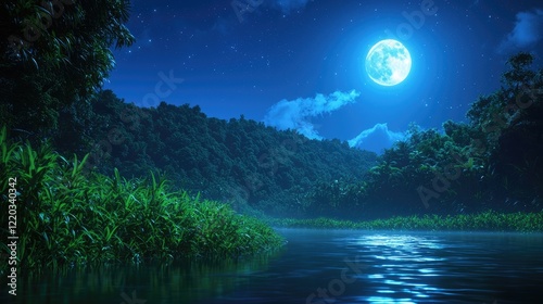 Serene Night Landscape with Full Moon Over Calm River and Forest