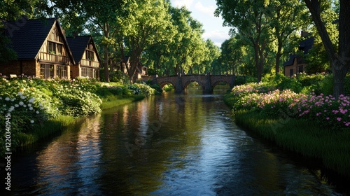 Serene Landscapes with Houses Beside River and Flowering Gardens