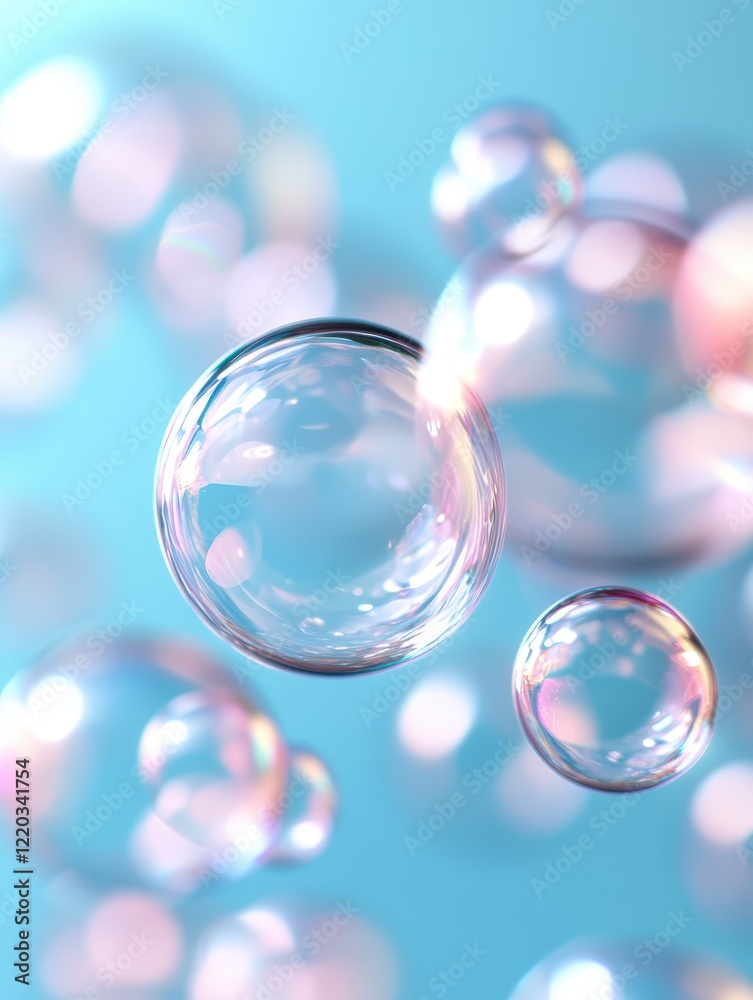 Overlapping translucent soap bubbles refracting light against a soft blue background, creating a mesmerizing display of colors and shapes during sunlight Overlapping translucent soap bubbles refracting light against a soft blue background, creating a mesmerizing display of colors and shapes during sunlight