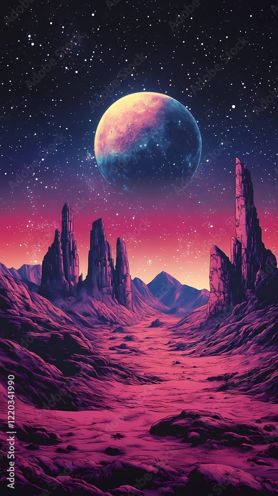 Fototapeta premium Vibrant retrowave aesthetic background with neon lights and gridlines.