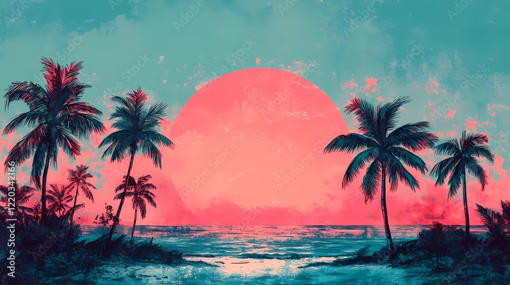 Fototapeta premium Vibrant retrowave aesthetic background with neon lights and gridlines.