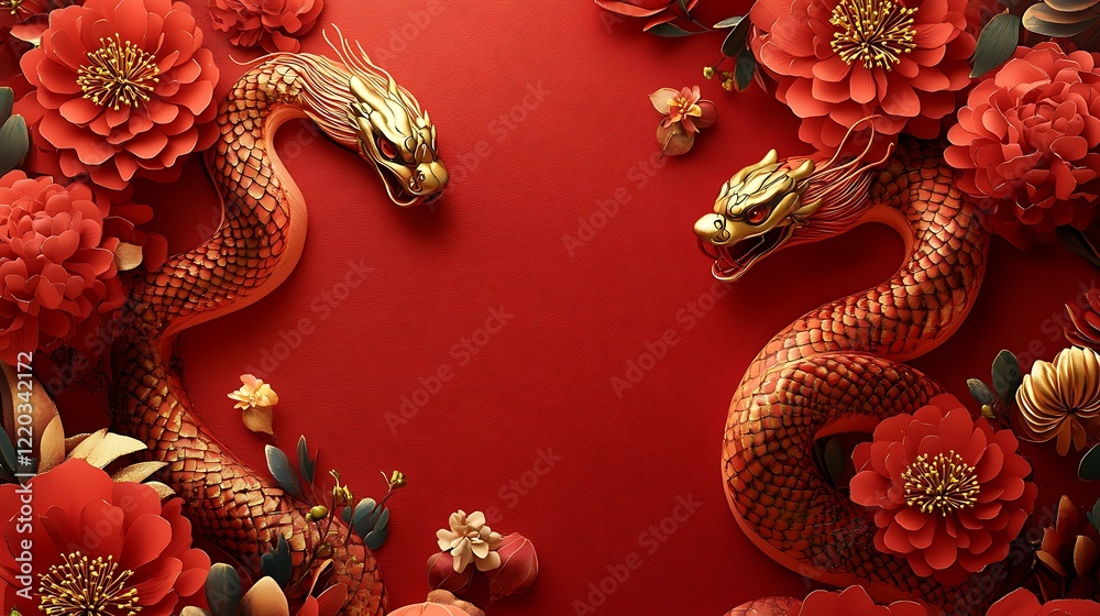 Abstract creative snake design with blooming flowers and traditional lanterns in a bold red and gold theme for Lunar New Year Abstract creative snake design with blooming flowers and traditional lanterns in a bold red and gold theme for Lunar New Year