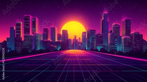 Vibrant retrowave aesthetic background with neon lights and gridlines.