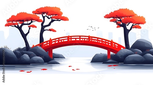 Red bridge spanning serene water with autumnal trees and koi fish photo
