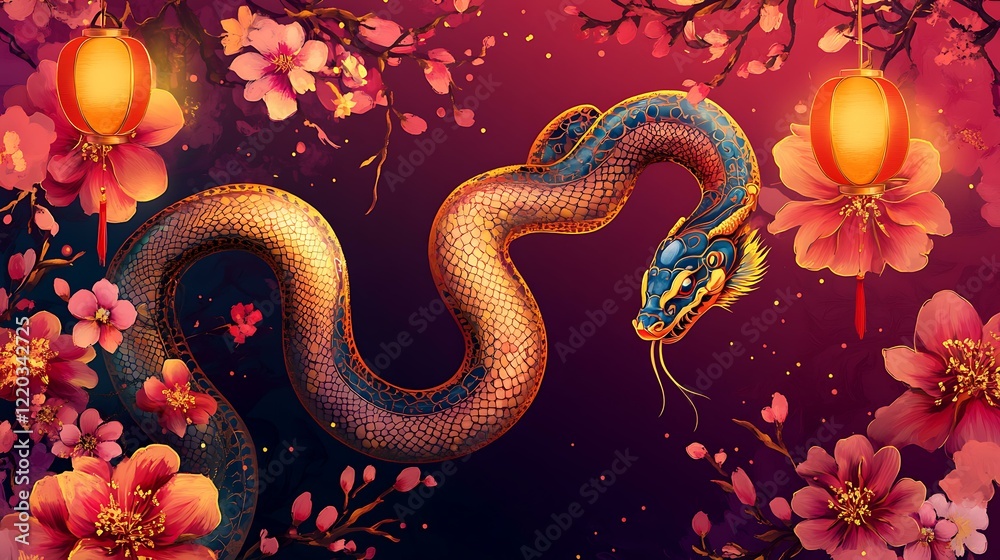 Fototapeta premium Enchanting Lunar New Year background featuring a flowing snake zodiac design with floral and lantern motifs in vibrant tones