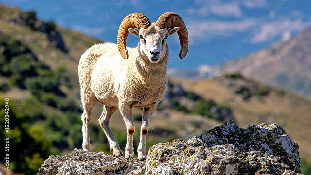A majestic ram with large horns stands on rocky terrain against a scenic landscape.
