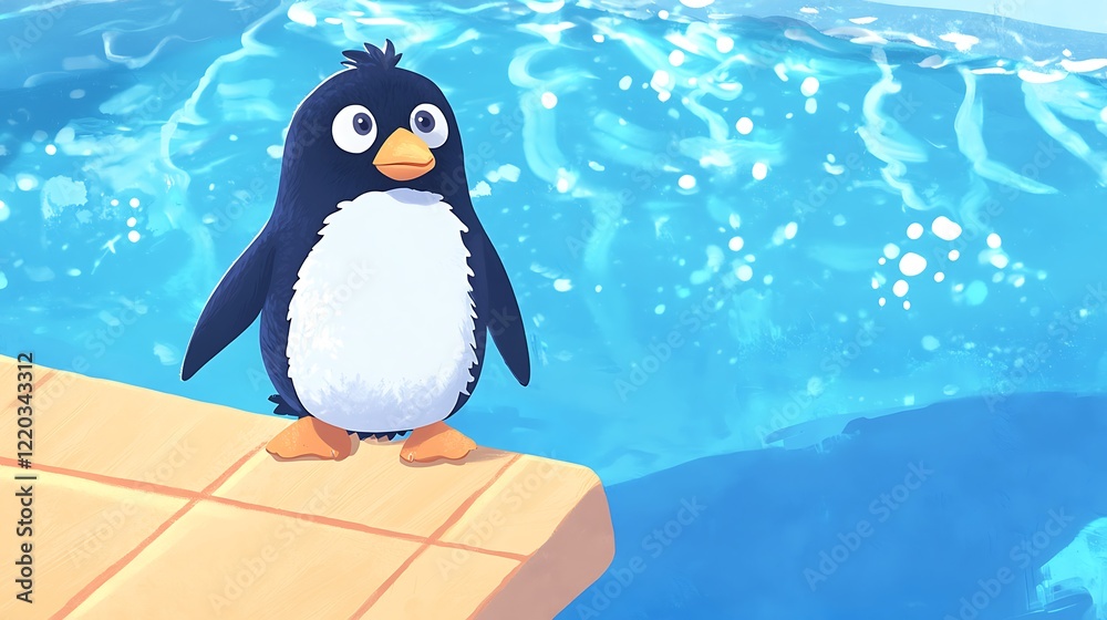 Naklejka premium A penguin is standing on a wooden dock by a pool