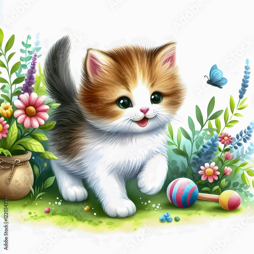 A heartwarming watercolor painting of a kitten playing with a toy in a garden.