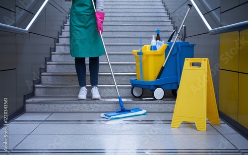  a cleaner in a green apron, equipped with a pink glove on one hand, actively mopping a flight of stairs.  