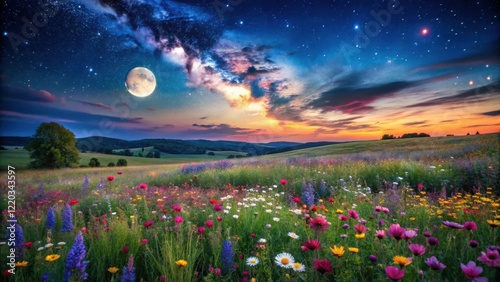 A romantic and idyllic evening setting of a rolling countryside under a stunning starry sky, with fields of colorful wildflowers illuminated by soft moonbeams, wildflowers, romantic scene