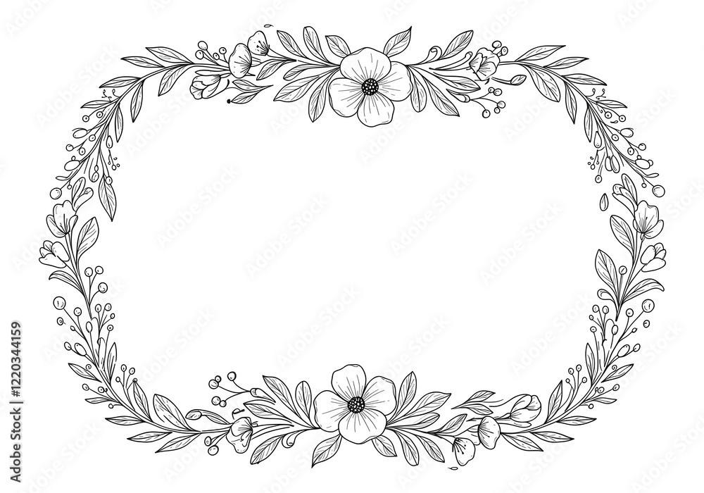 Minimalist floral frame with line-art leaves and flowers on a plain white background Minimalist floral frame with line-art leaves and flowers on a plain white background