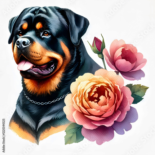 A striking watercolor painting of a Rottweiler surrounded by vibrant flowers.