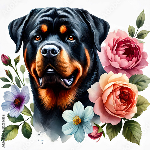 A pet portrait of a Rottweiler surrounded by nature's beauty, highlighting the breed's loyalty and strength.