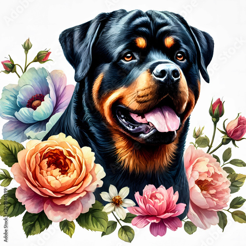 A charming illustration of a Rottweiler, capturing its powerful yet gentle nature amidst a floral setting.