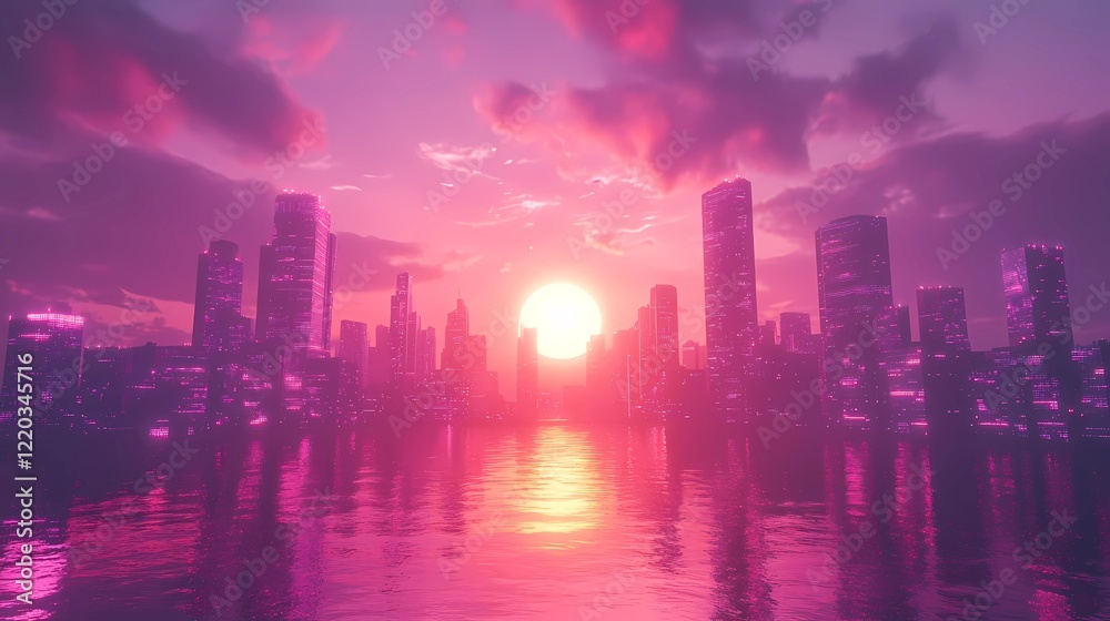 Obraz premium Digital retro background featuring a neon grid and vibrant colors, illustrated in a timeless storybook-inspired art style