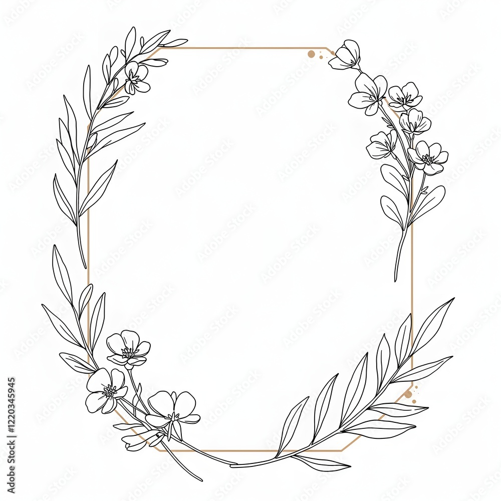 Obraz premium Minimalist floral frame with line-art leaves and flowers on a plain white background