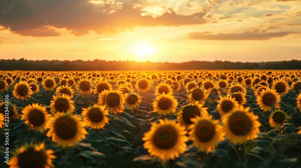 Obraz premium Golden Hour Sunflowers: A Serene Sunset Field