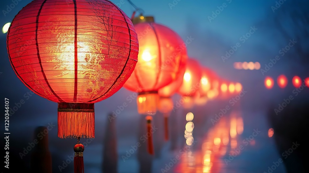 Rows of red lanterns glowing softly in the dark, bringing happiness and light to the Chinese New Year festivities Rows of red lanterns glowing softly in the dark, bringing happiness and light to the Chinese New Year festivities