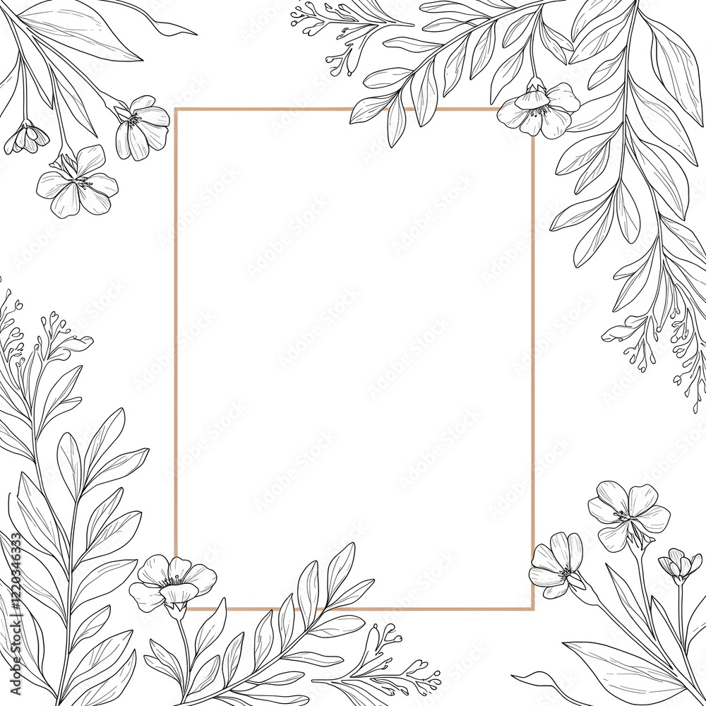 Obraz premium Minimalist floral frame with line-art leaves and flowers on a plain white background