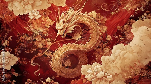 Red and gold Chinese New Year design featuring a dragon coiled around traditional floral and cloud elements