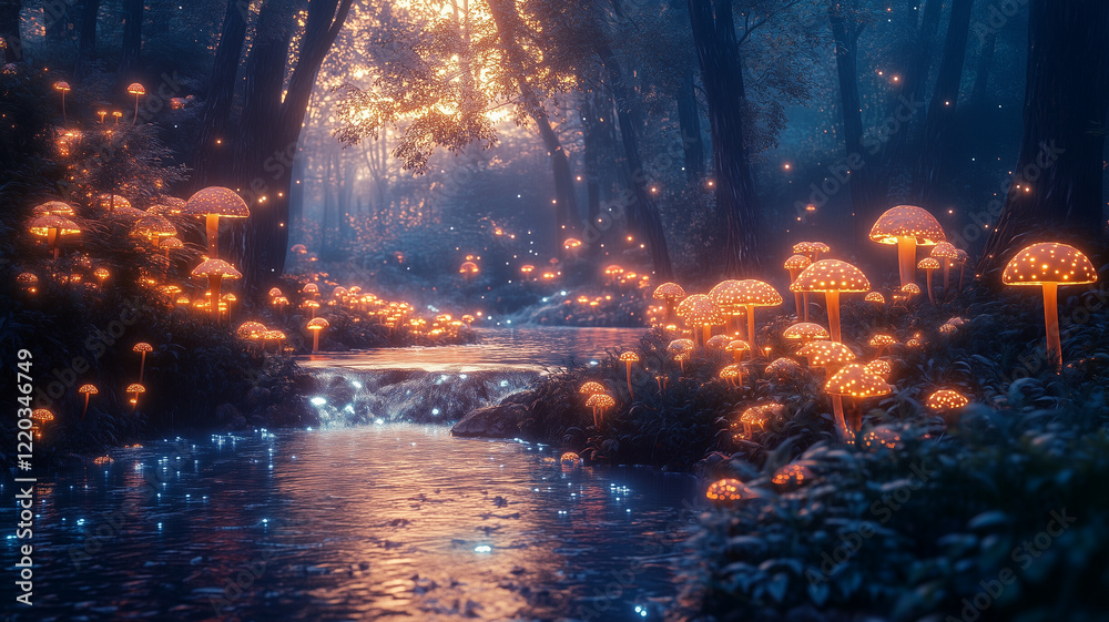 Fototapeta premium Enchanted Forest Stream with Glowing Mushrooms at Night