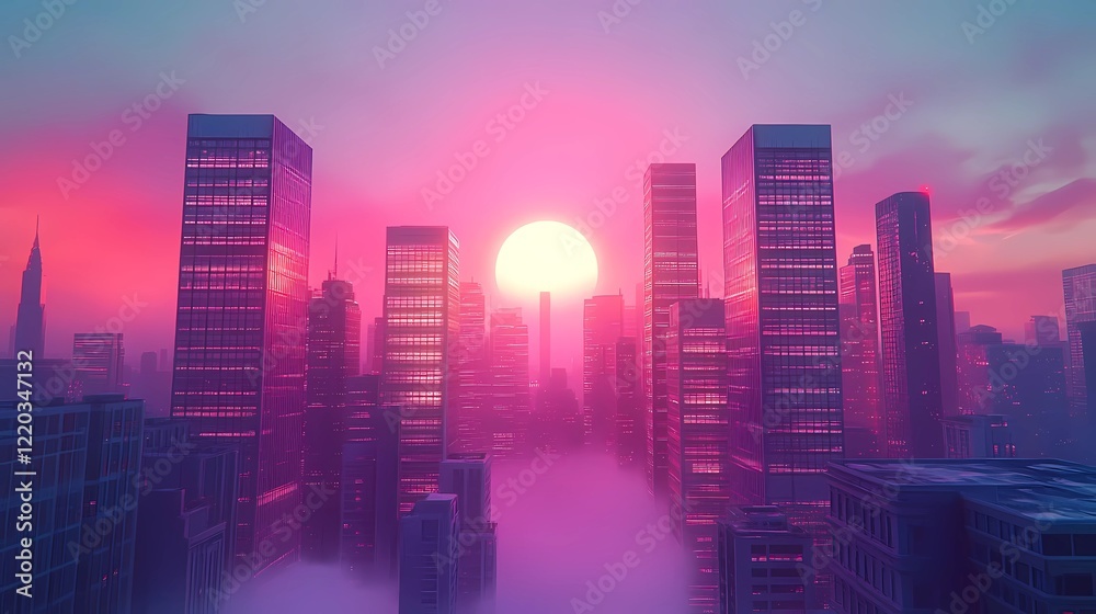 Fototapeta premium Futuristic retrowave background with glowing lights and a gradient horizon, created in a classic comic book illustration style