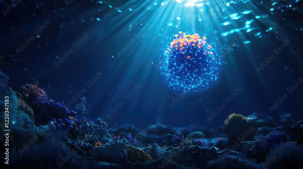 Naklejka premium Vibrant Coral Reef with Sunlight Rays Illuminating Underwater Scene