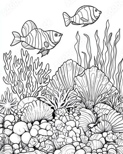 "Hand-Drawn Space Illustration with Rocket and Planets" Underwater scene with marine life and corals.