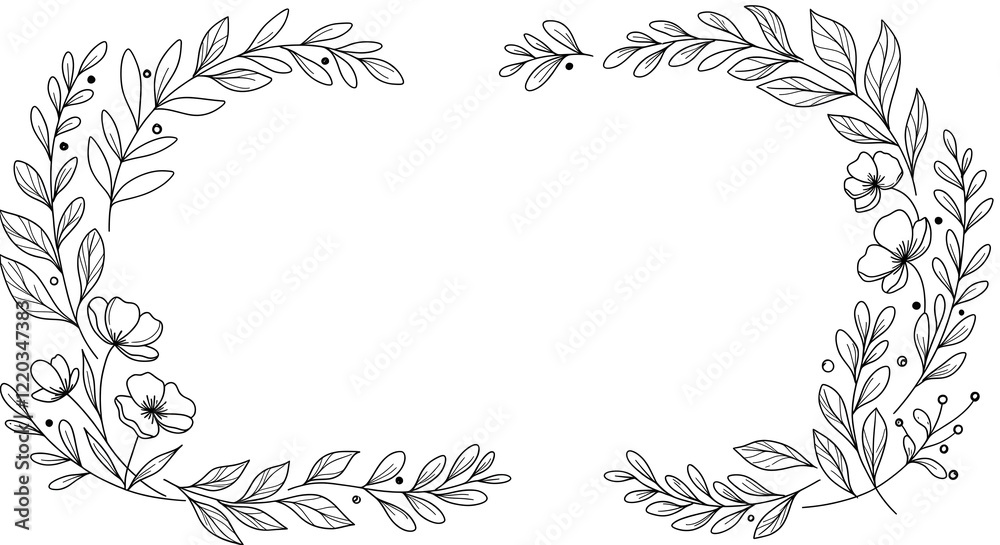 Fototapeta premium Minimalist floral frame with line-art leaves and flowers on a plain white background