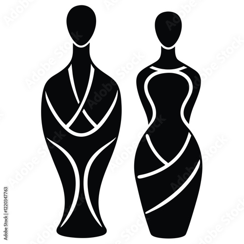 A vector silhouette design of simple, modern clay figurines representing abstract human forms 