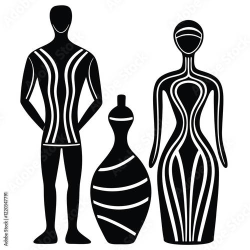 A vector silhouette design of simple, modern clay figurines representing abstract human forms 