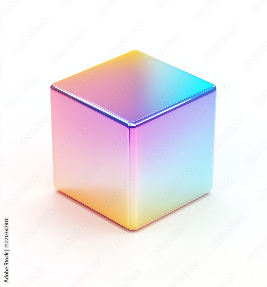 A vector graphic of an isometric cube with holographic gradient colors and a transparent background. A vector graphic of an isometric cube with holographic gradient colors and a transparent background.
