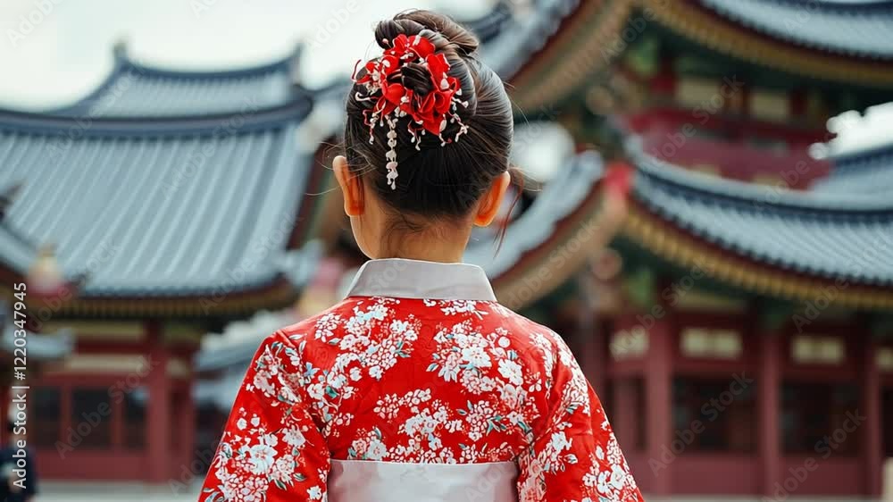 A girl in a traditional red floral kimono, viewed from behind in a cultural setting.