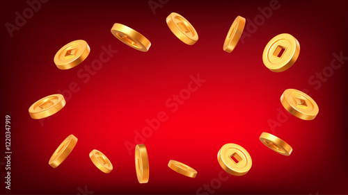 3d flying Ancient old gold coins of China with stars on red isolated background. Rich or casino luck concept. Precious expensive treasure. Stock vector illustration.	
